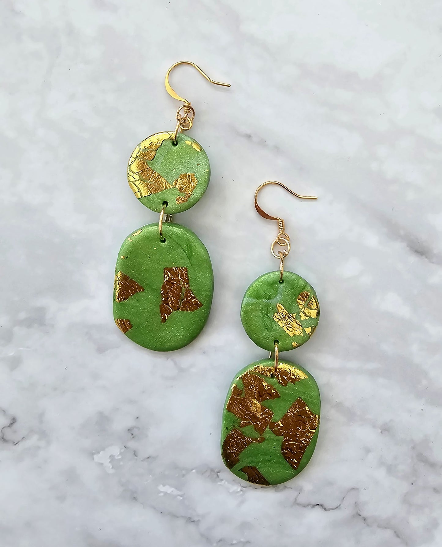 Clay and Gold/Copper/Rose Gold Leaf Dangle Drop Earrings (Gold Hooks)