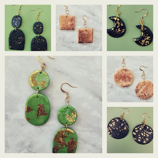 Clay and Gold/Copper/Rose Gold Leaf Dangle Drop Earrings (Gold Hooks)